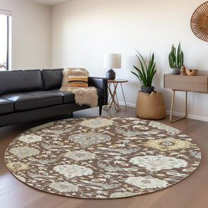 HomeRoots 8' Elegant Brown Ivory Gold Damask Round Rug - Washable, UV Protected, Durable for Busy Homes 680526