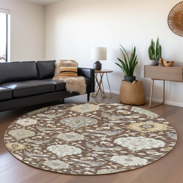 HomeRoots 8' Elegant Brown Ivory Gold Damask Round Rug - Washable, UV Protected, Durable for Busy Homes 680526