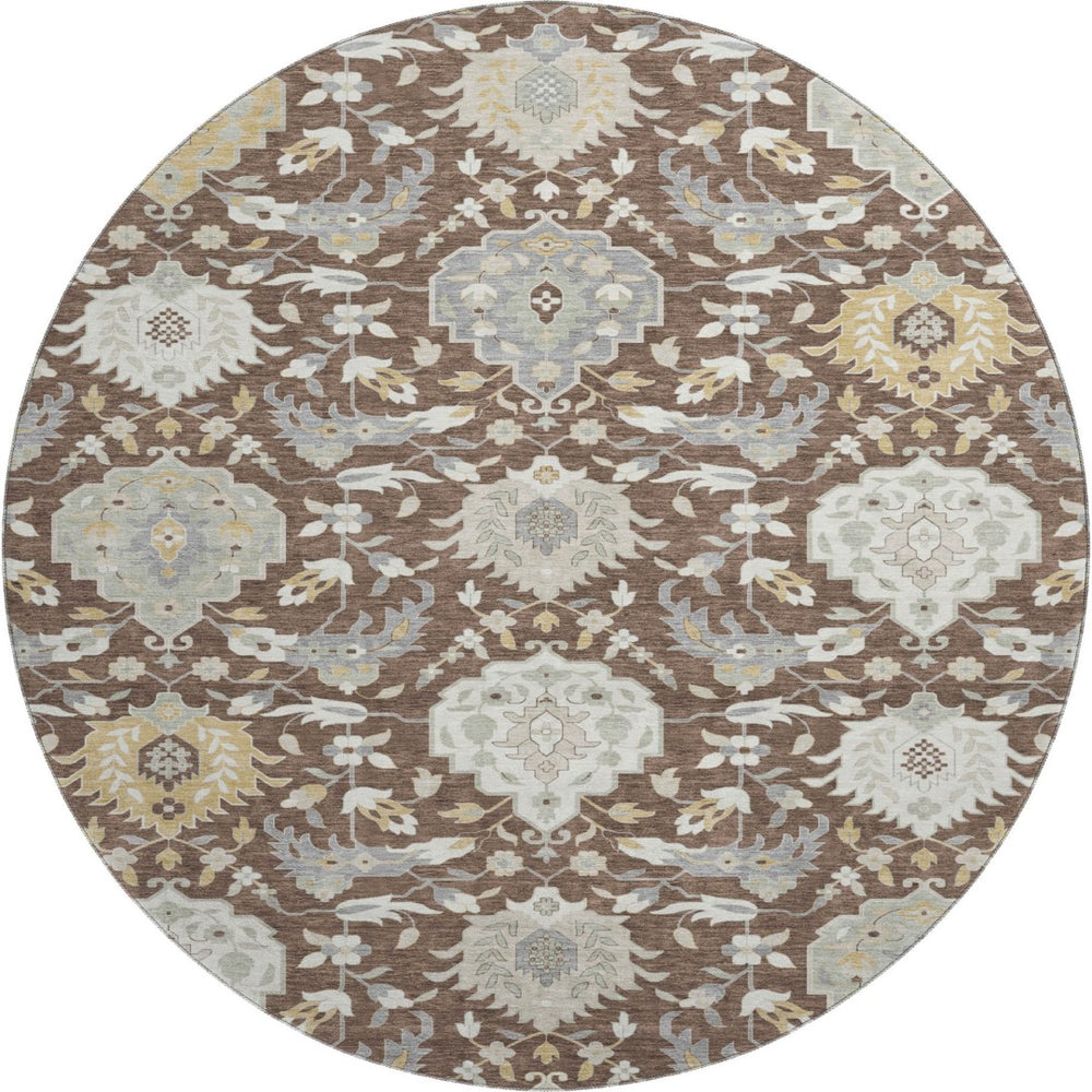 HomeRoots 8' Elegant Brown Ivory Gold Damask Round Rug - Washable, UV Protected, Durable for Busy Homes 680526