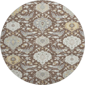 HomeRoots 8' Elegant Brown Ivory Gold Damask Round Rug - Washable, UV Protected, Durable for Busy Homes 680526