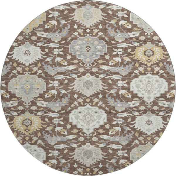 HomeRoots 8' Elegant Brown Ivory Gold Damask Round Rug - Washable, UV Protected, Durable for Busy Homes 680526