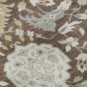 HomeRoots 8' Elegant Brown Ivory Gold Damask Round Rug - Washable, UV Protected, Durable for Busy Homes 680526