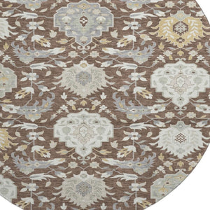 HomeRoots 8' Elegant Brown Ivory Gold Damask Round Rug - Washable, UV Protected, Durable for Busy Homes 680526