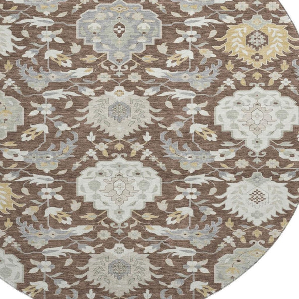 HomeRoots 8' Elegant Brown Ivory Gold Damask Round Rug - Washable, UV Protected, Durable for Busy Homes 680526