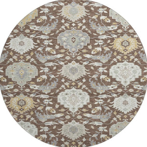 HomeRoots 8' Elegant Brown Ivory Gold Damask Round Rug - Washable, UV Protected, Durable for Busy Homes 680526