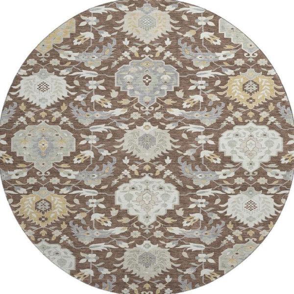 HomeRoots 8' Elegant Brown Ivory Gold Damask Round Rug - Washable, UV Protected, Durable for Busy Homes 680526