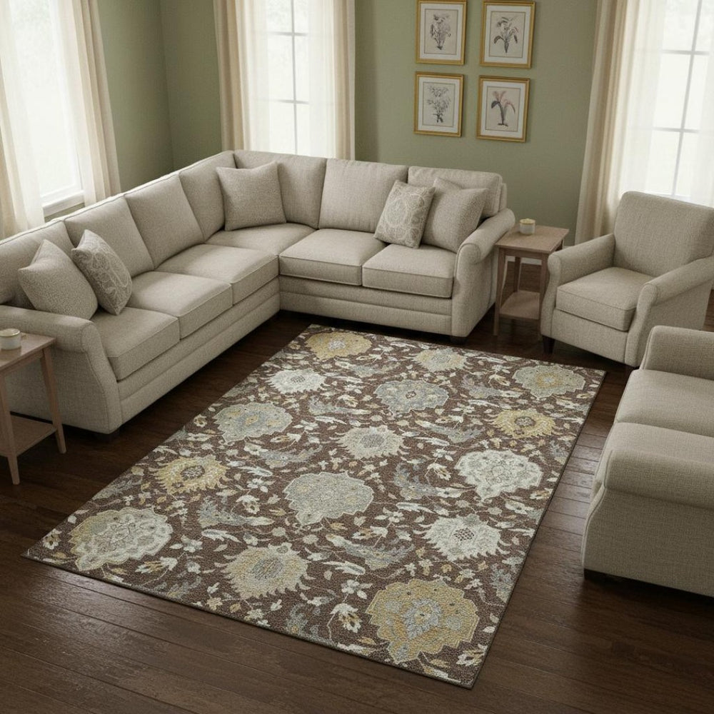 HomeRoots 8' X 10' Elegant Brown Ivory Gold Damask Area Rug – Washable, Stain-Resistant, UV Protected Design 680527