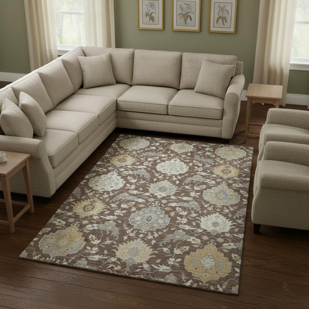 HomeRoots 9' Classic Brown Ivory Gold Damask Area Rug - Washable, UV Protected, Durable for High-Traffic Areas 680528