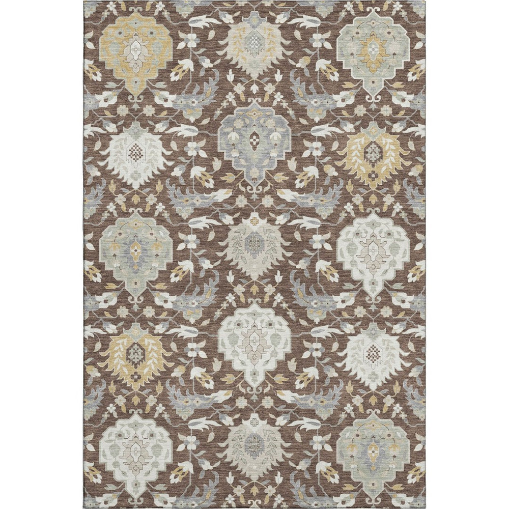 HomeRoots 9' Classic Brown Ivory Gold Damask Area Rug - Washable, UV Protected, Durable for High-Traffic Areas 680528
