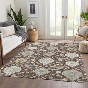 HomeRoots 9' Classic Brown Ivory Gold Damask Area Rug - Washable, UV Protected, Durable for High-Traffic Areas 680528