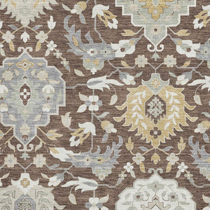 HomeRoots 9' Classic Brown Ivory Gold Damask Area Rug - Washable, UV Protected, Durable for High-Traffic Areas 680528