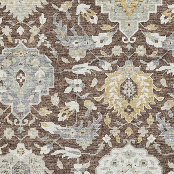 HomeRoots 9' Classic Brown Ivory Gold Damask Area Rug - Washable, UV Protected, Durable for High-Traffic Areas 680528