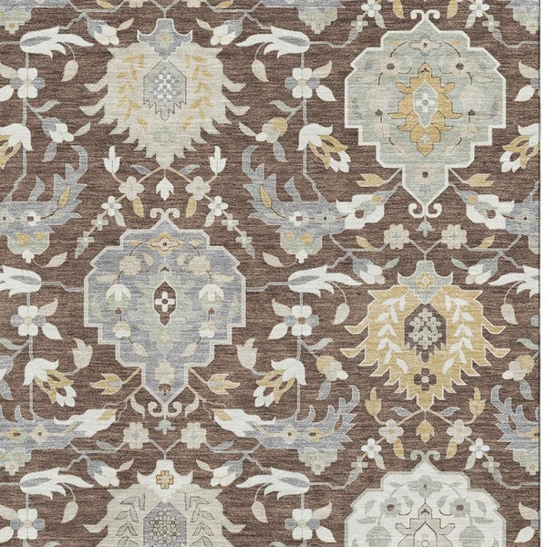 HomeRoots 9' Classic Brown Ivory Gold Damask Area Rug - Washable, UV Protected, Durable for High-Traffic Areas 680528