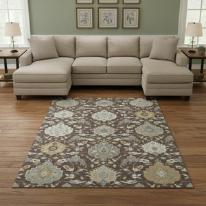 HomeRoots 10' Elegant Brown Ivory and Gold Damask Washable Area Rug with UV Protection for Busy Homes 680529