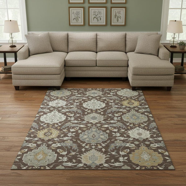 HomeRoots 10' Elegant Brown Ivory and Gold Damask Washable Area Rug with UV Protection for Busy Homes 680529