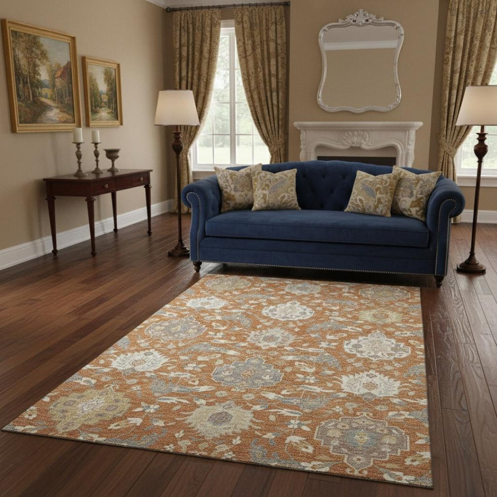 HomeRoots 5' X 8' Copper Gray & Ivory Damask Area Rug - Washable, UV Protected, Stylish & Durable for Every Home 680531