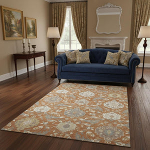 HomeRoots 5' X 8' Copper Gray & Ivory Damask Area Rug - Washable, UV Protected, Stylish & Durable for Every Home 680531