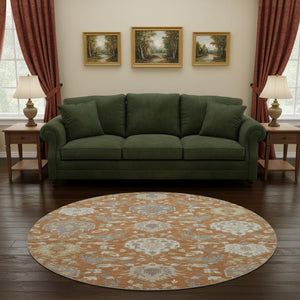 HomeRoots 8' Copper Gray and Ivory Damask Round Rug - Washable, UV-Protected, and Stain-Resistant Elegance 680532