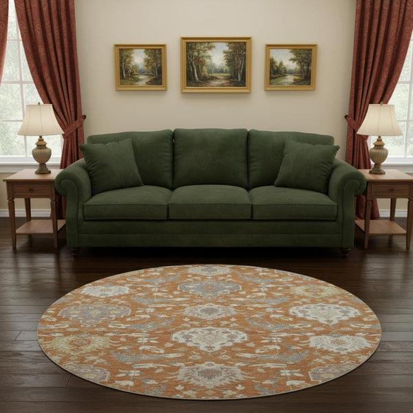 HomeRoots 8' Copper Gray and Ivory Damask Round Rug - Washable, UV-Protected, and Stain-Resistant Elegance 680532