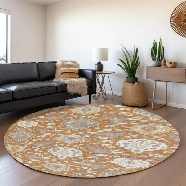 HomeRoots 8' Copper Gray and Ivory Damask Round Rug - Washable, UV-Protected, and Stain-Resistant Elegance 680532