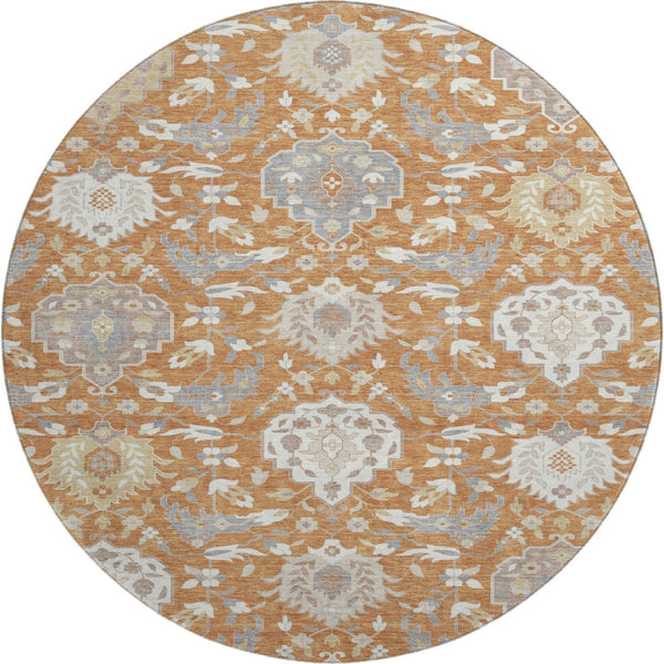 HomeRoots 8' Copper Gray and Ivory Damask Round Rug - Washable, UV-Protected, and Stain-Resistant Elegance 680532