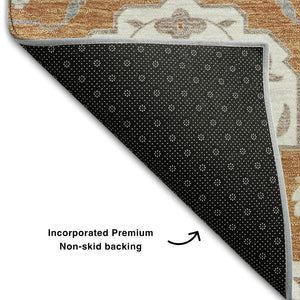 HomeRoots 8' Copper Gray and Ivory Damask Round Rug - Washable, UV-Protected, and Stain-Resistant Elegance 680532