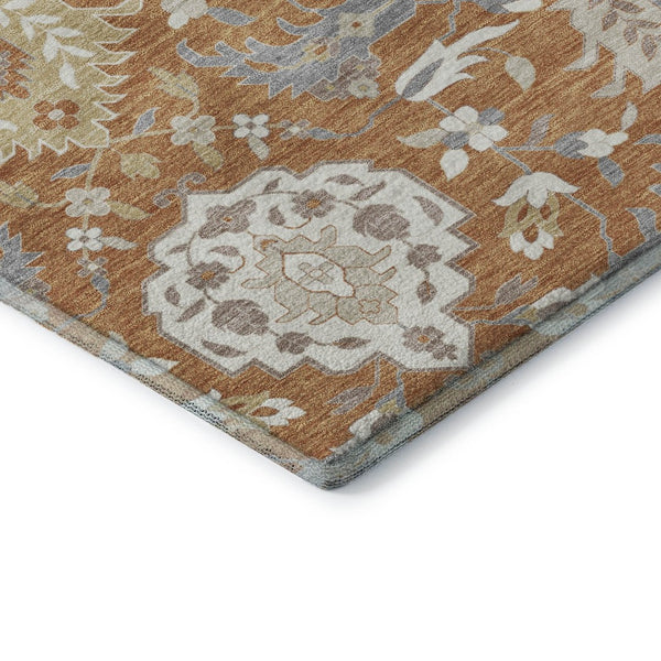HomeRoots 8' Copper Gray and Ivory Damask Round Rug - Washable, UV-Protected, and Stain-Resistant Elegance 680532