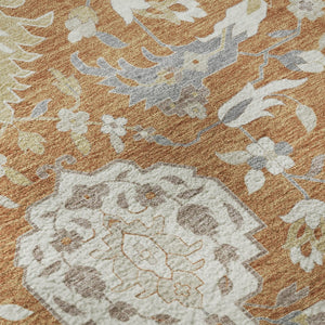 HomeRoots 8' Copper Gray and Ivory Damask Round Rug - Washable, UV-Protected, and Stain-Resistant Elegance 680532