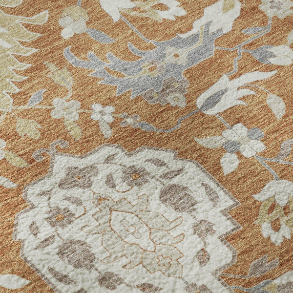 HomeRoots 8' Copper Gray and Ivory Damask Round Rug - Washable, UV-Protected, and Stain-Resistant Elegance 680532