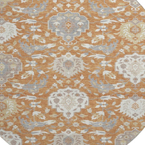HomeRoots 8' Copper Gray and Ivory Damask Round Rug - Washable, UV-Protected, and Stain-Resistant Elegance 680532
