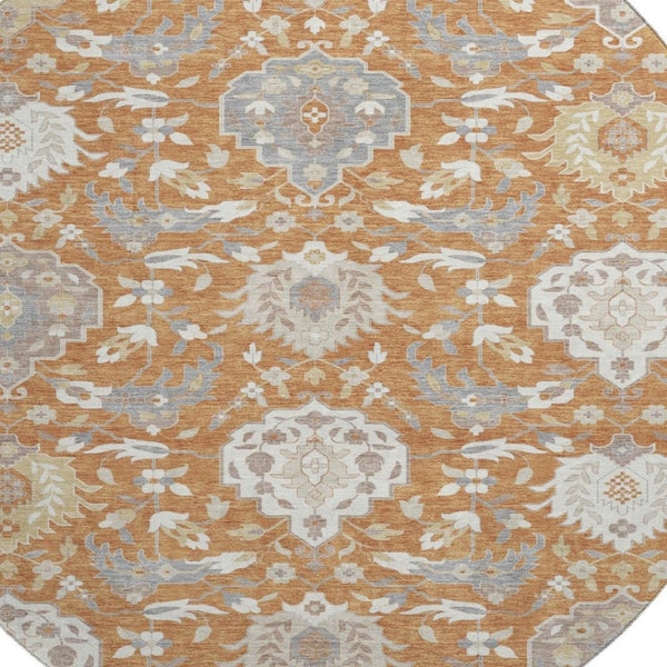 HomeRoots 8' Copper Gray and Ivory Damask Round Rug - Washable, UV-Protected, and Stain-Resistant Elegance 680532