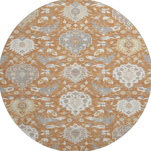 HomeRoots 8' Copper Gray and Ivory Damask Round Rug - Washable, UV-Protected, and Stain-Resistant Elegance 680532