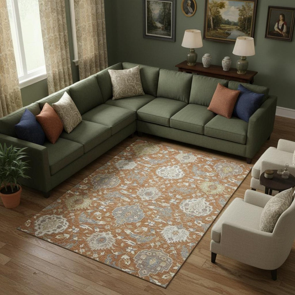 HomeRoots 8' X 10' Copper Gray & Ivory Damask Washable Area Rug - UV Protected, Stain Resistant & Durable! 680533