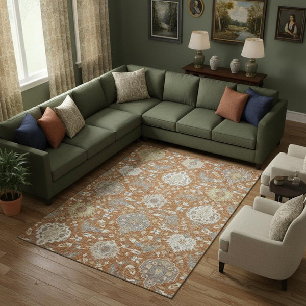 HomeRoots 8' X 10' Copper Gray & Ivory Damask Washable Area Rug - UV Protected, Stain Resistant & Durable! 680533
