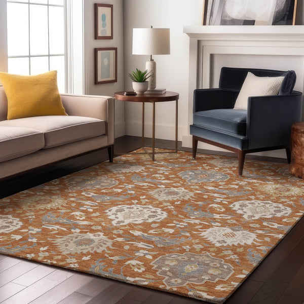 HomeRoots 8' X 10' Copper Gray & Ivory Damask Washable Area Rug - UV Protected, Stain Resistant & Durable! 680533