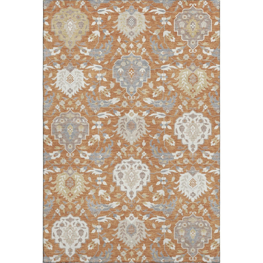 HomeRoots 8' X 10' Copper Gray & Ivory Damask Washable Area Rug - UV Protected, Stain Resistant & Durable! 680533
