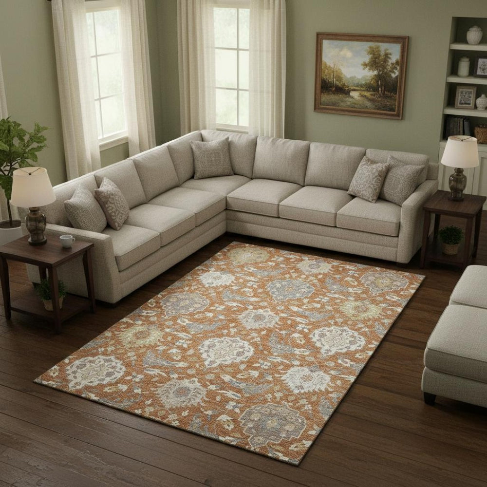 HomeRoots 9' X 12' Elegant Copper Gray Damask Area Rug - Washable, UV Protected, Perfect for High-Traffic Spaces 680534