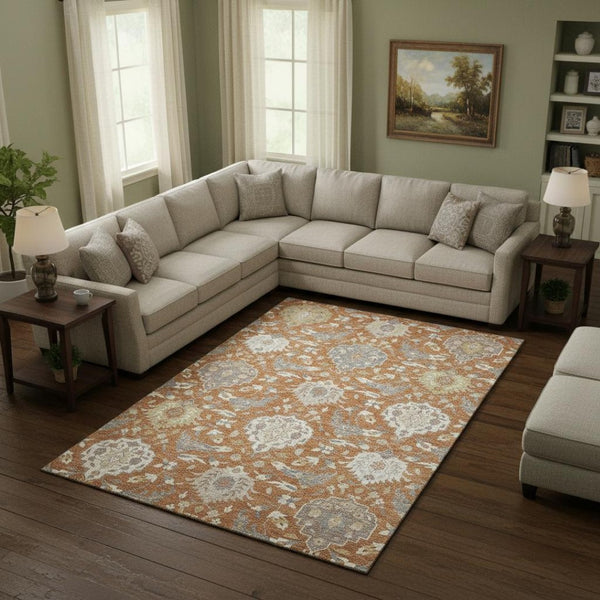HomeRoots 9' X 12' Elegant Copper Gray Damask Area Rug - Washable, UV Protected, Perfect for High-Traffic Spaces 680534