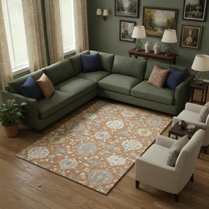 HomeRoots 10' Copper Gray and Ivory Damask Washable Area Rug – Durable, UV Protected, Stylish for Busy Homes 680535