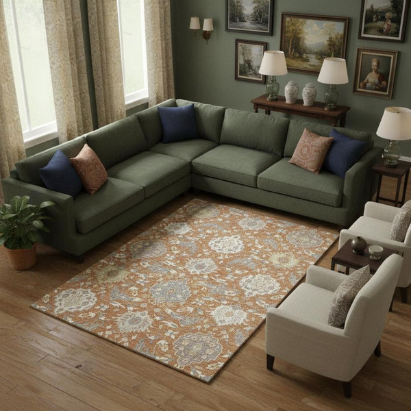 HomeRoots 10' Copper Gray and Ivory Damask Washable Area Rug – Durable, UV Protected, Stylish for Busy Homes 680535