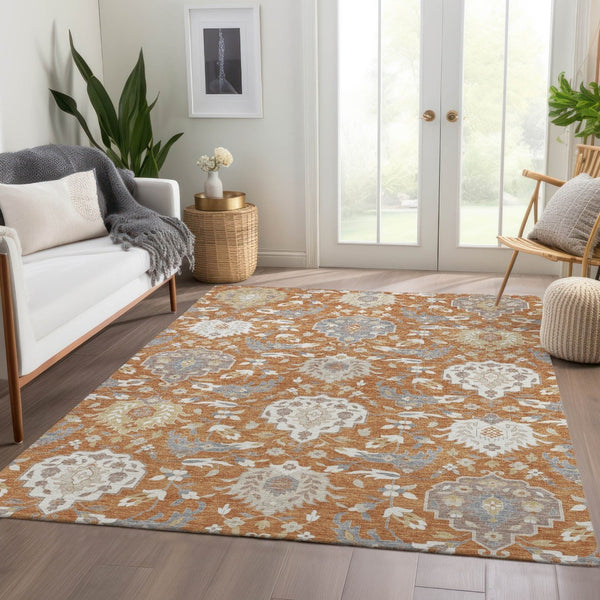 HomeRoots 10' Copper Gray and Ivory Damask Washable Area Rug – Durable, UV Protected, Stylish for Busy Homes 680535