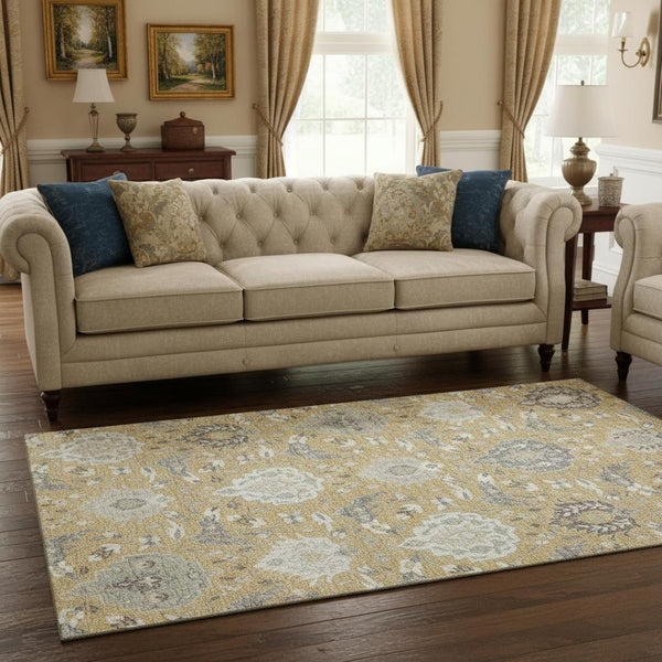 HomeRoots 5' X 8' Gold Gray Ivory Damask Area Rug - Washable, UV Protected, Stain-Resistant for Busy Homes 680537