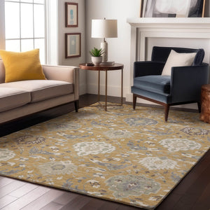 HomeRoots 5' X 8' Gold Gray Ivory Damask Area Rug - Washable, UV Protected, Stain-Resistant for Busy Homes 680537