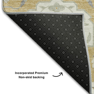 HomeRoots 5' X 8' Gold Gray Ivory Damask Area Rug - Washable, UV Protected, Stain-Resistant for Busy Homes 680537