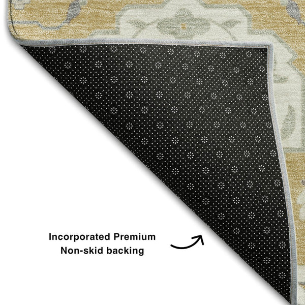 HomeRoots 5' X 8' Gold Gray Ivory Damask Area Rug - Washable, UV Protected, Stain-Resistant for Busy Homes 680537