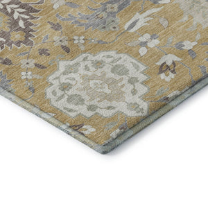 HomeRoots 5' X 8' Gold Gray Ivory Damask Area Rug - Washable, UV Protected, Stain-Resistant for Busy Homes 680537