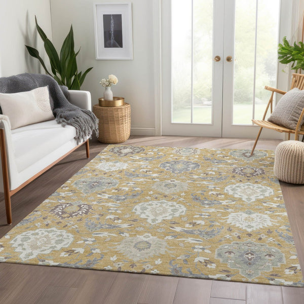 HomeRoots 5' X 8' Gold Gray Ivory Damask Area Rug - Washable, UV Protected, Stain-Resistant for Busy Homes 680537