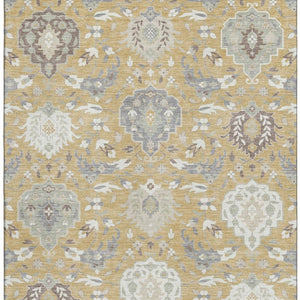 HomeRoots 5' X 8' Gold Gray Ivory Damask Area Rug - Washable, UV Protected, Stain-Resistant for Busy Homes 680537