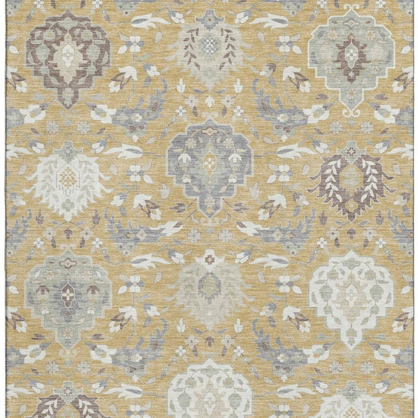 HomeRoots 5' X 8' Gold Gray Ivory Damask Area Rug - Washable, UV Protected, Stain-Resistant for Busy Homes 680537