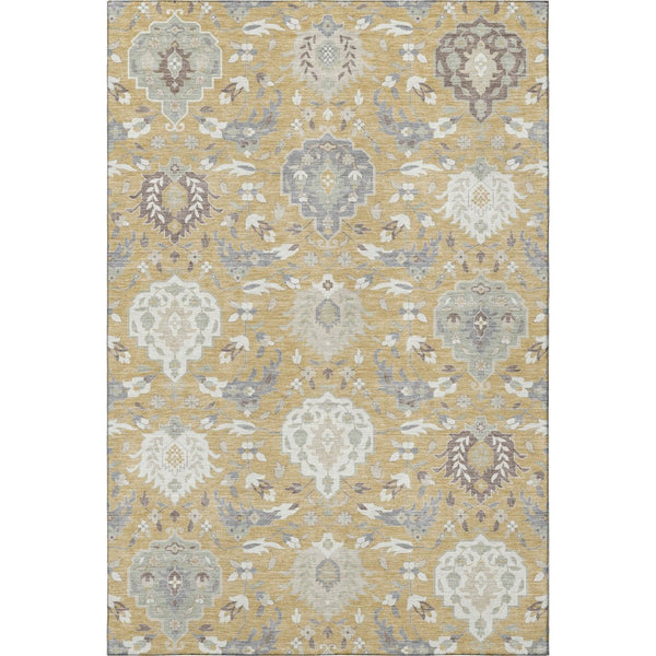 HomeRoots 5' X 8' Gold Gray Ivory Damask Area Rug - Washable, UV Protected, Stain-Resistant for Busy Homes 680537